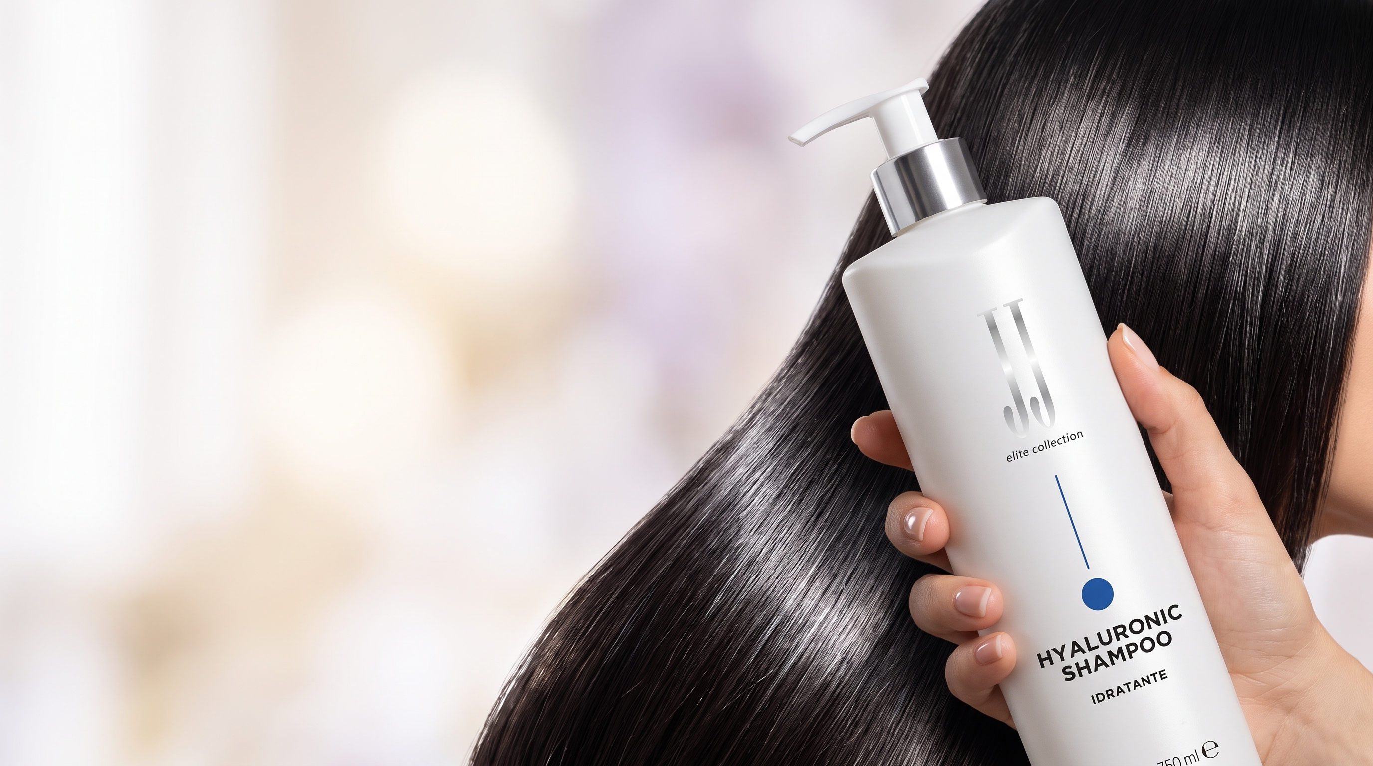 Șampon JJ Hyaluronic aplicat pe păr lucios și sănătos